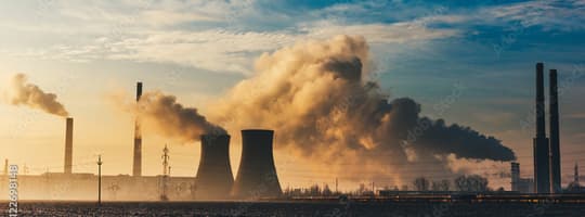 Chimney stacks and cooling towers silhouetted against a blue sky
