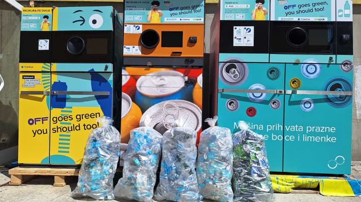 Bags of empties in front of reverse vending machines