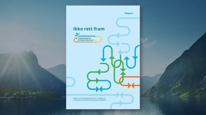 Cover page of Ikke rett fram report set against a view of the Norwegian fjords