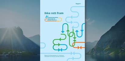 Cover page of Ikke rett fram report set against a view of the Norwegian fjords