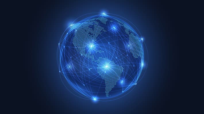graphic illustration of the globe with a connective web of blue dots