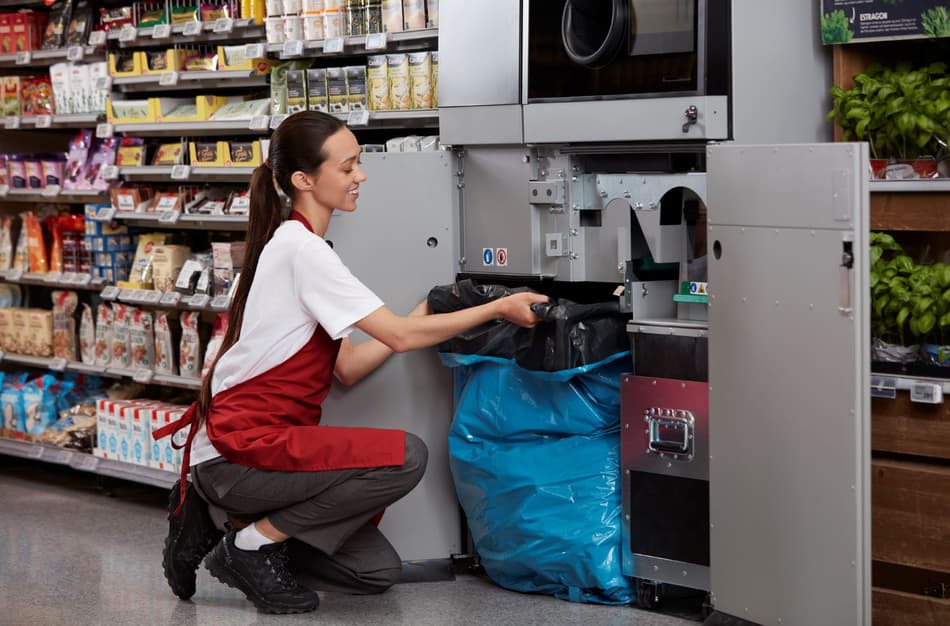 Retailer emptying containers from reverse vending machine