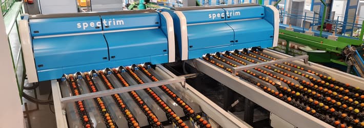 A picture of the Spectrim cabinet with apples running on the  TOMRA 5SA carriers
