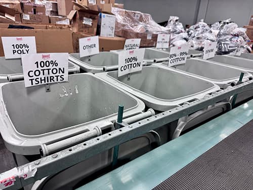 Textile sorting bins at Homeboy Threads 
