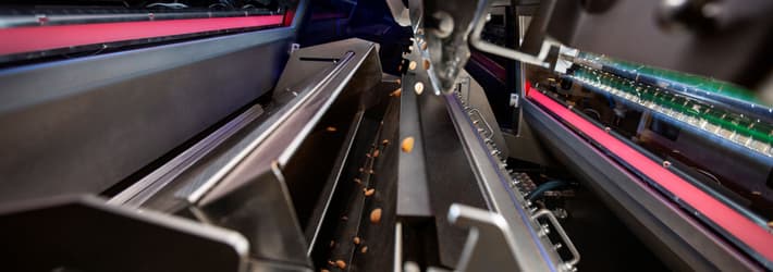 The TOMRA 4C sorting nuts as product falls down the chute 