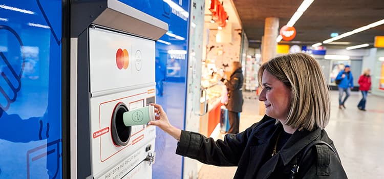 Woman returning a RECUP reusable cup at TOMRA return station at Freiburg central train station in Germany