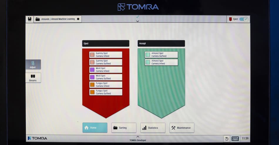 Computer with TOMRA's XCD technology interface for sorting almonds