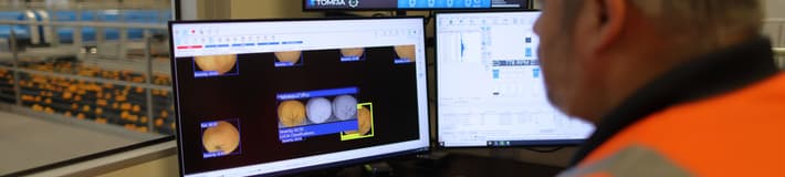 A man in a high-vis vest looking at a computer monitor showing LUCAi, a deep learning tool for oranges that detects defects and assigns a unique severity rating