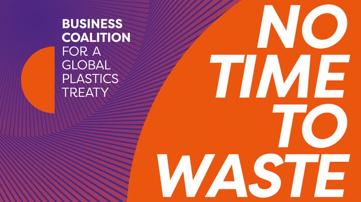 Global Plastics Treaty banner focusing on "no time to waste"