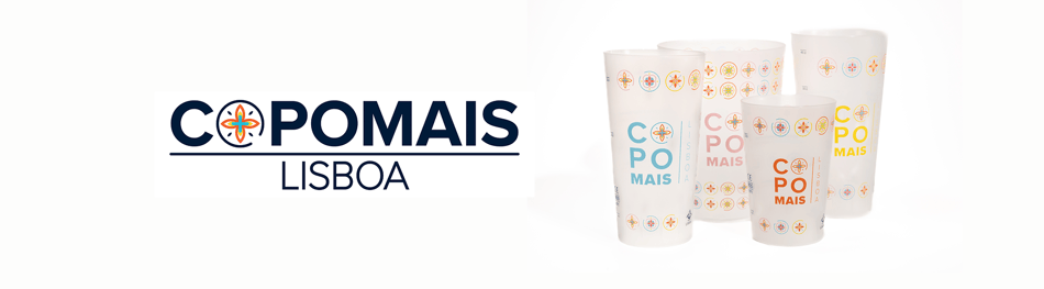CopoMais logo and four cup sizes