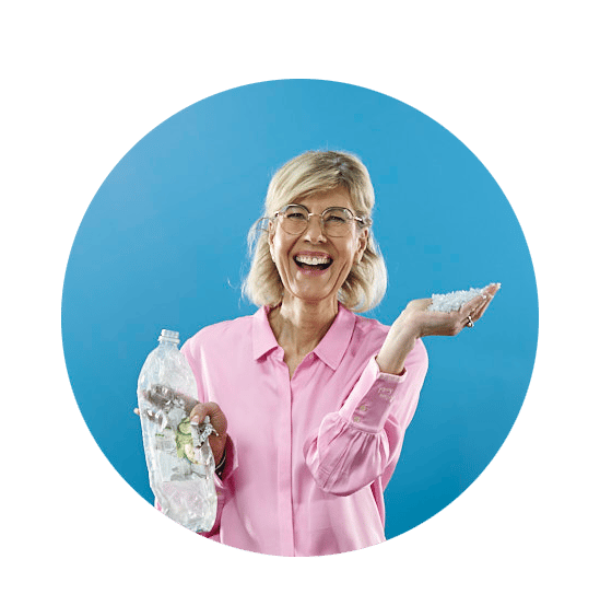 Woman with plastic flakes in her hand